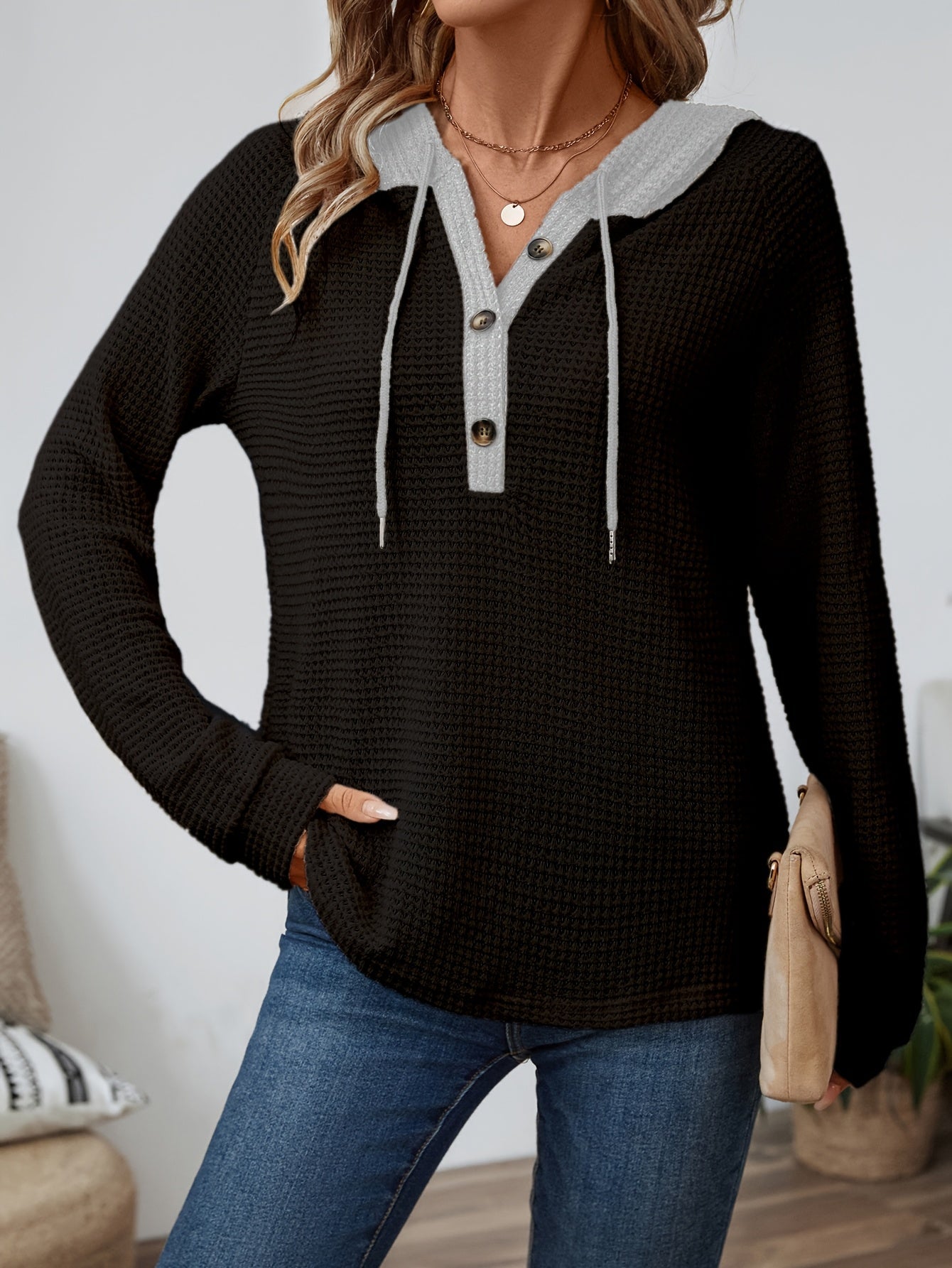 Waffle Knit Hoodie Top – Color Block Henley Long Sleeve
