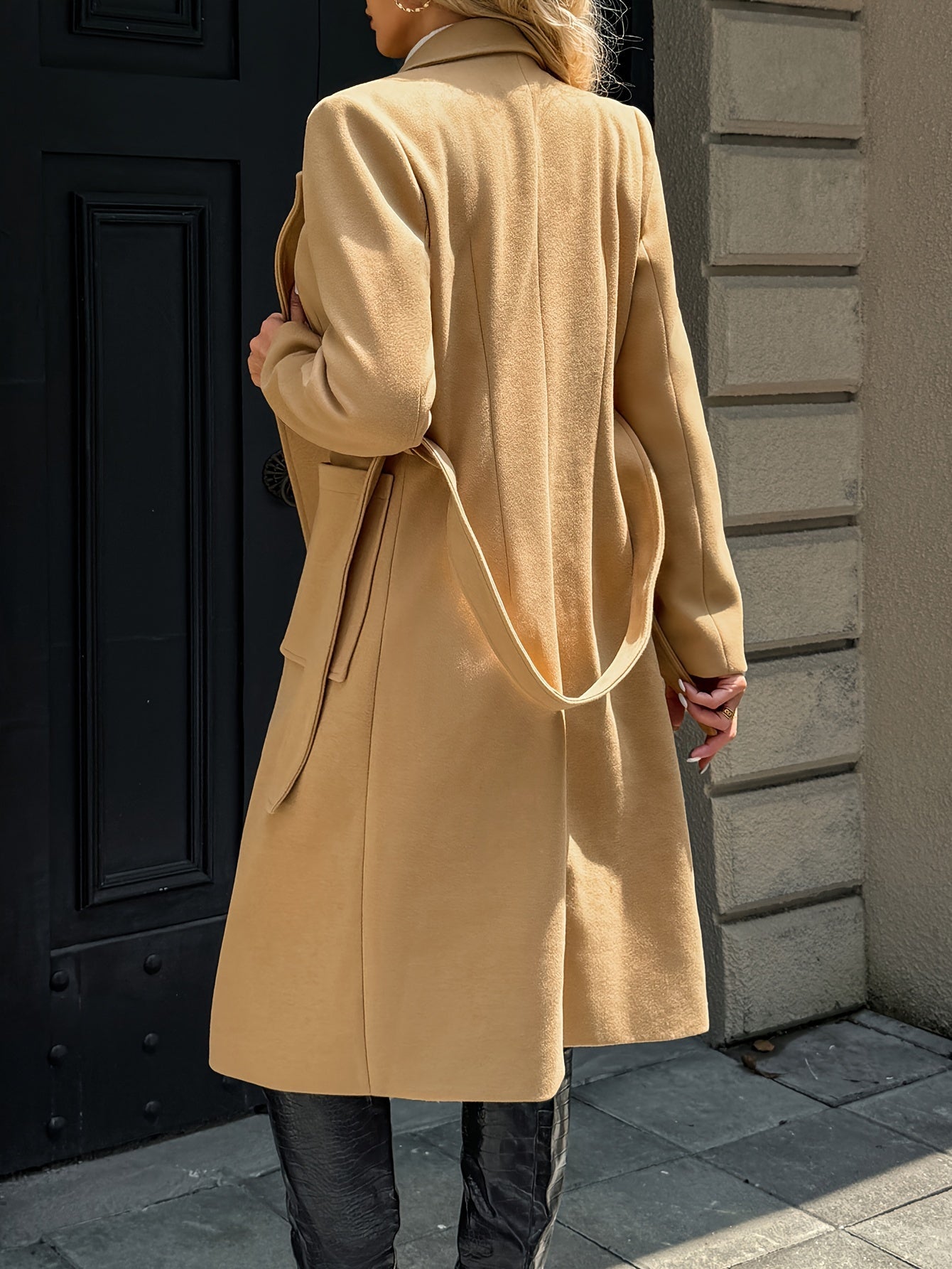 Belted Wool-Blend Long Coat – Lapel Wrap Camel Overcoat