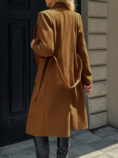 Belted Wool-Blend Long Coat – Lapel Wrap Camel Overcoat