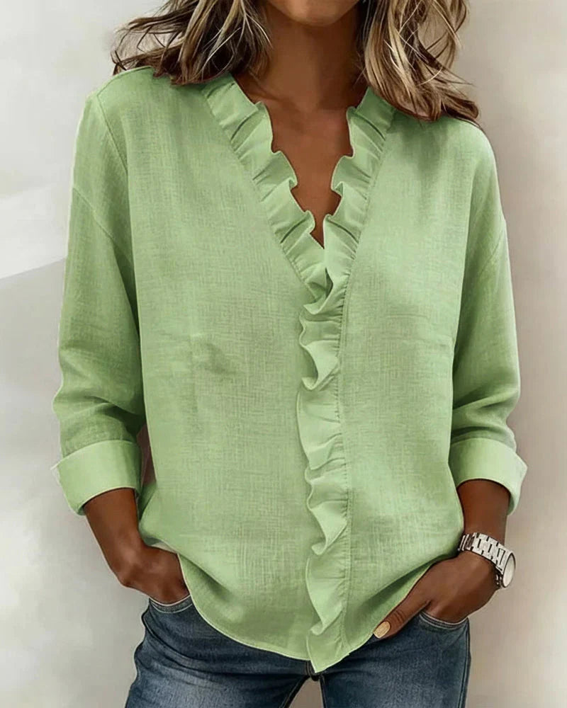 Ruffle V-Neck Long Sleeve Blouse – Relaxed Fit Casual Top