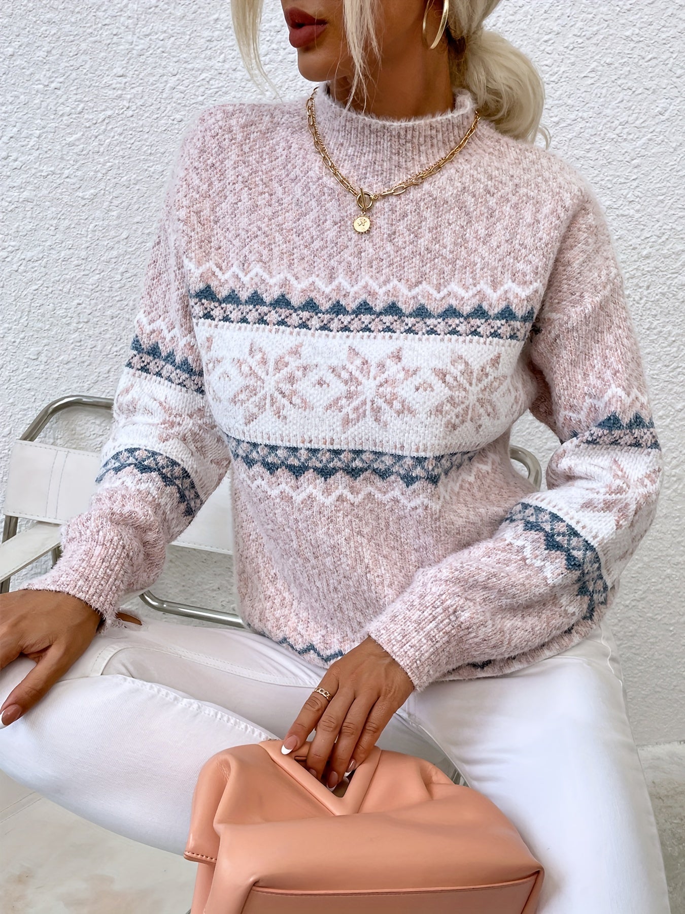 Fair Isle Snowflake Mock Neck Sweater – Relaxed Fit Winter Pullover