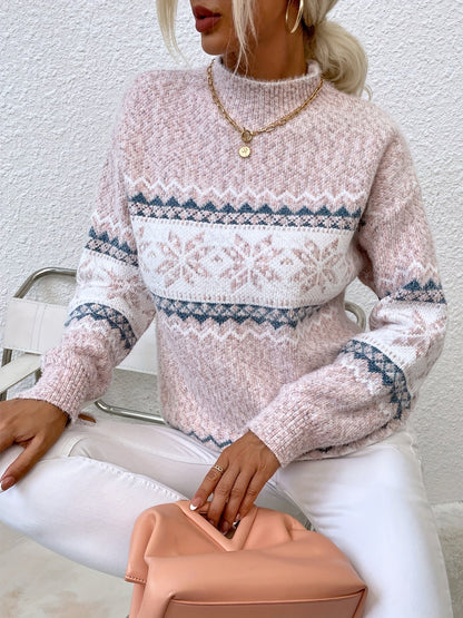 Fair Isle Snowflake Mock Neck Sweater – Relaxed Fit Winter Pullover