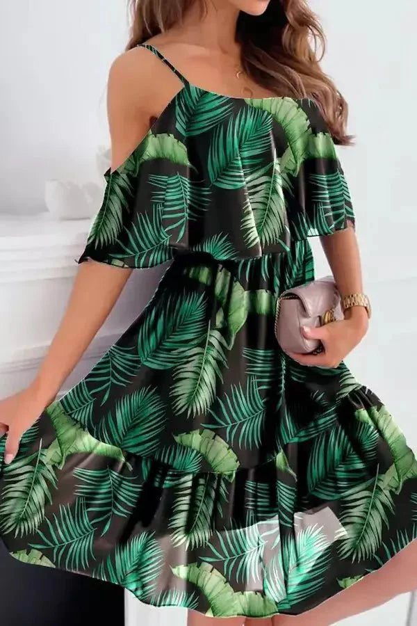 Women's Cold Shoulder Midi Dress – Floral Spaghetti Strap Tiered Ruffle Summer Dress