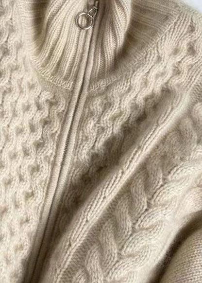 Cable Knit Zip-Up Cardigan – Chunky High-Neck Oversized Fit