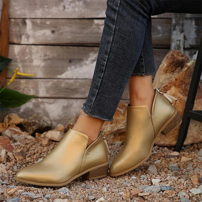Pointed Toe Ankle Boots Block Heel – V-Cutout Back Zip Booties
