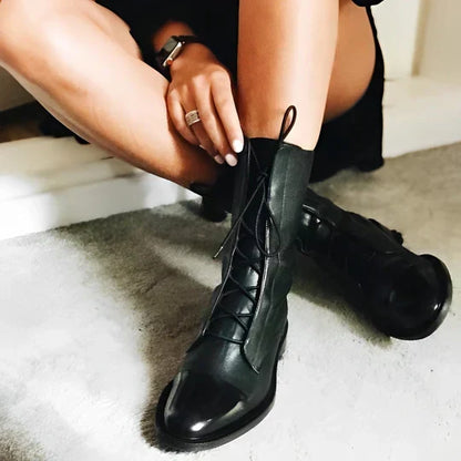 Leather Lace-Up Mid-Calf Boots – Cap-Toe Flat Women's Boots