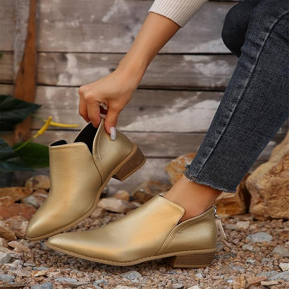 Pointed Toe Ankle Boots Block Heel – V-Cutout Back Zip Booties