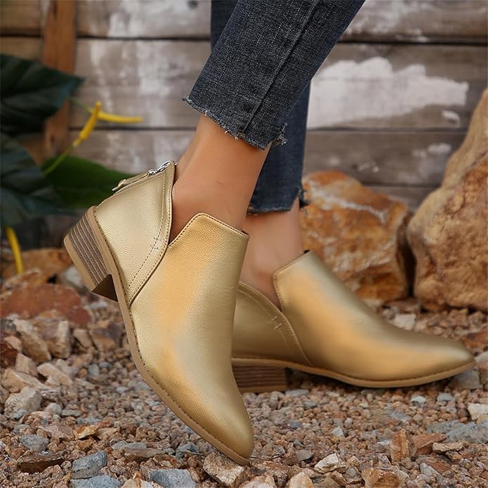 Pointed Toe Ankle Boots Block Heel – V-Cutout Back Zip Booties