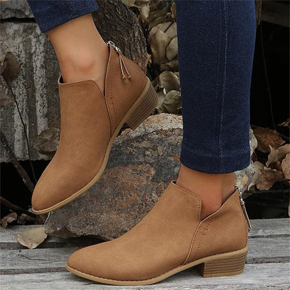 Pointed Toe Ankle Boots Block Heel – V-Cutout Back Zip Booties