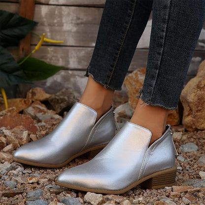 Pointed Toe Ankle Boots Block Heel – V-Cutout Back Zip Booties