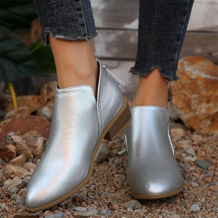 Pointed Toe Ankle Boots Block Heel – V-Cutout Back Zip Booties