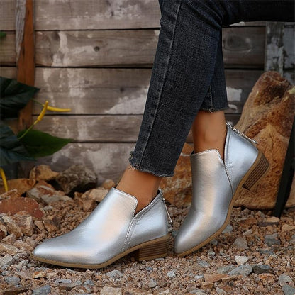 Pointed Toe Ankle Boots Block Heel – V-Cutout Back Zip Booties