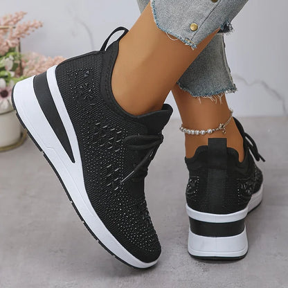 Rhinestone Knit Wedge Sneakers – Lace-Up Casual Platform Shoes