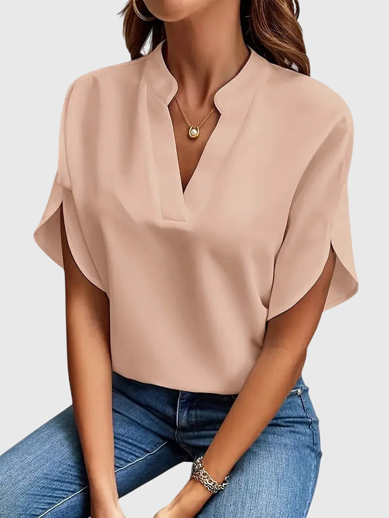 Split Sleeve V-Neck Blouse – Relaxed Fit Work Top