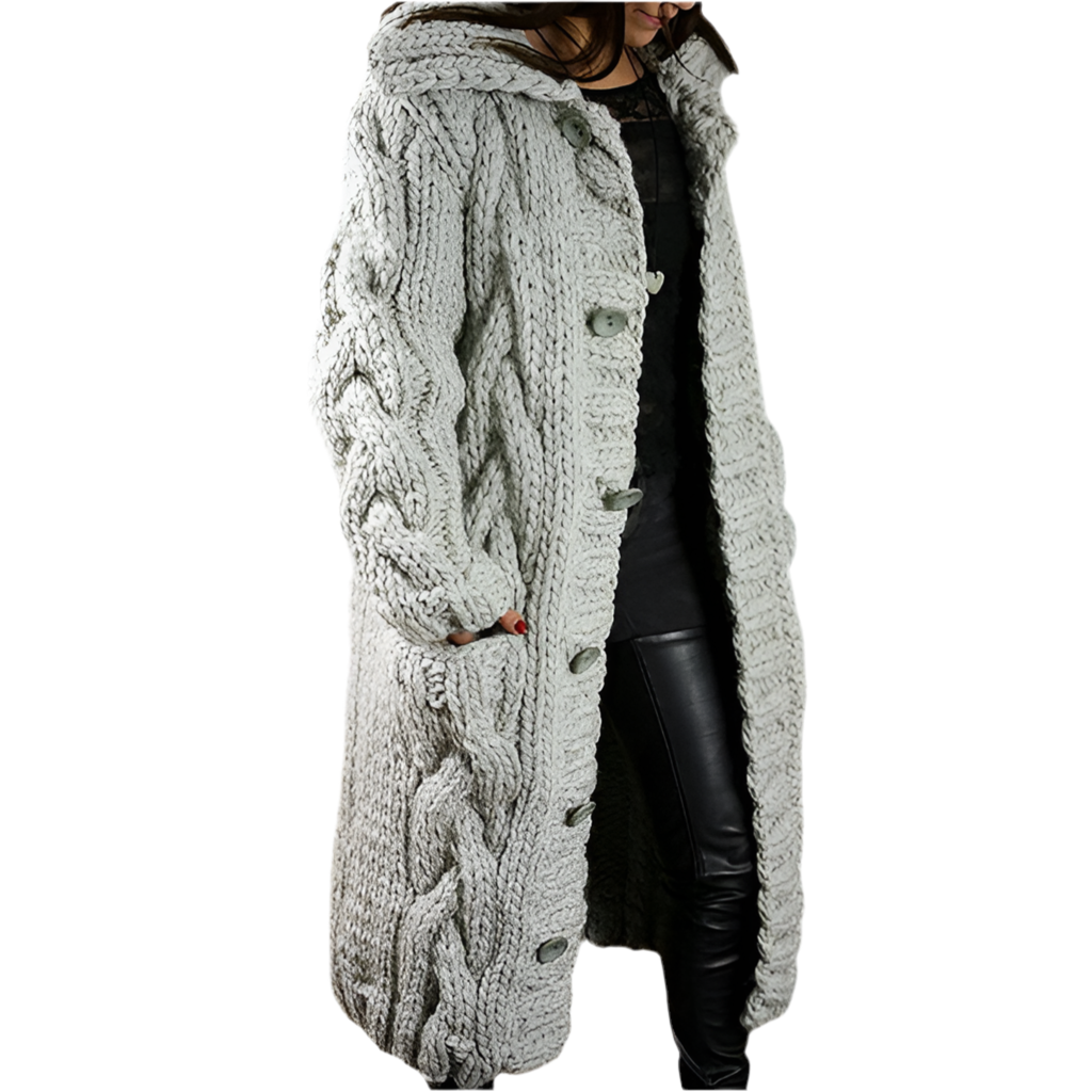 Chunky Cable Knit Hooded Cardigan – Longline Button-Front Sweater Coat