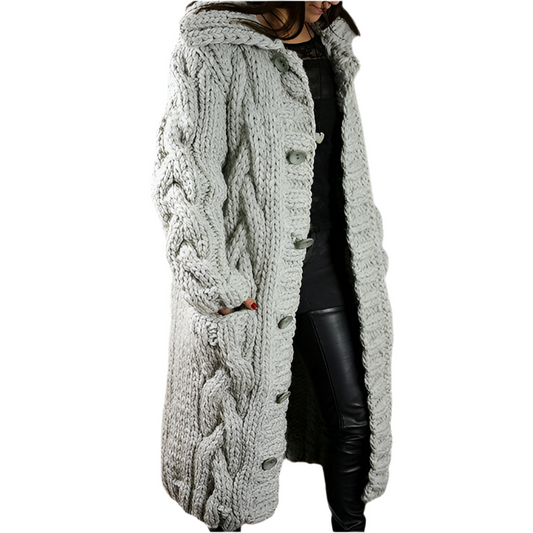 Chunky Cable Knit Hooded Cardigan – Longline Button-Front Sweater Coat
