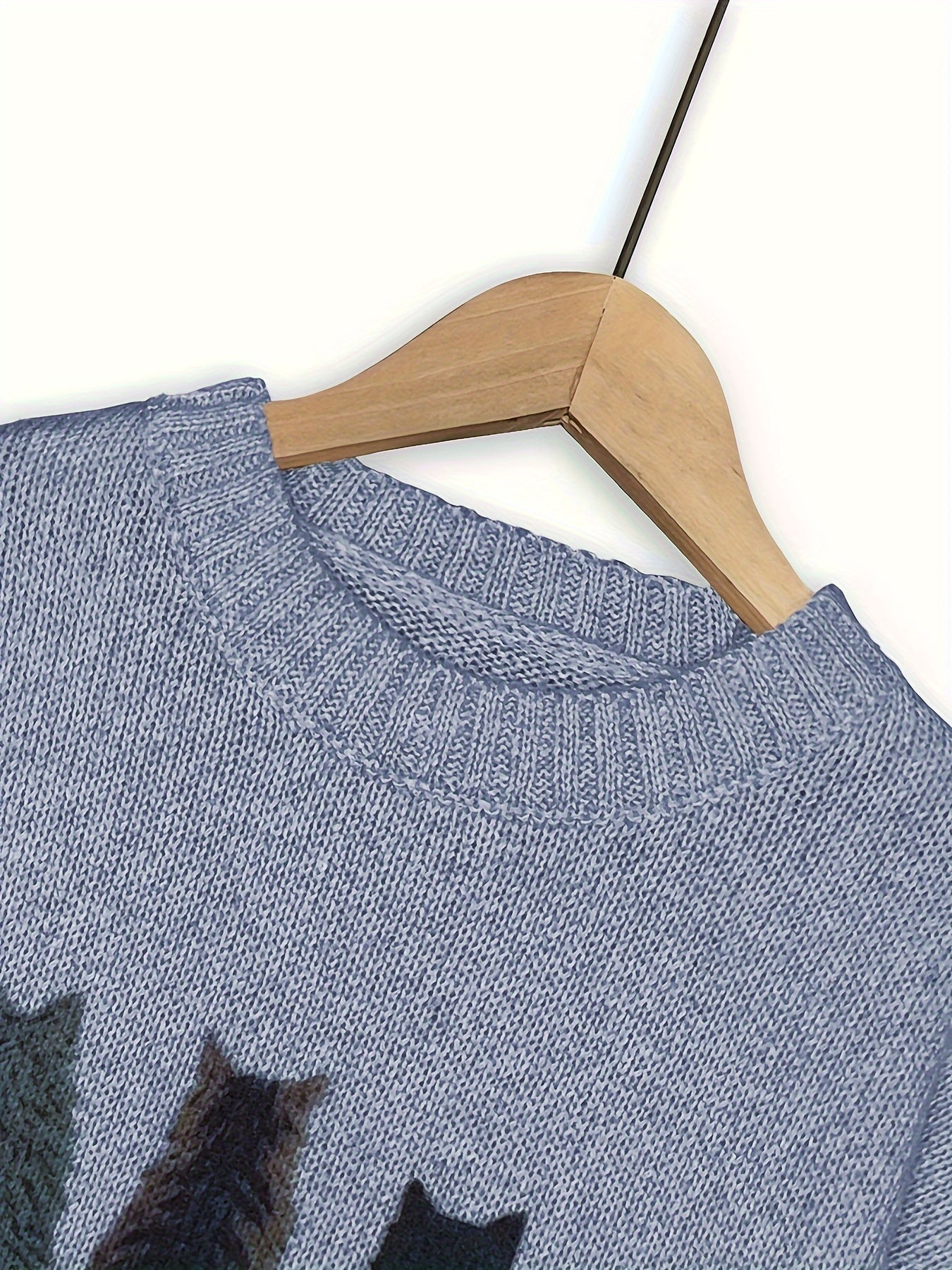 Cat Print Knit Pullover Sweater – Crewneck Relaxed Fit Long Sleeve