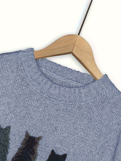 Cat Print Knit Pullover Sweater – Crewneck Relaxed Fit Long Sleeve