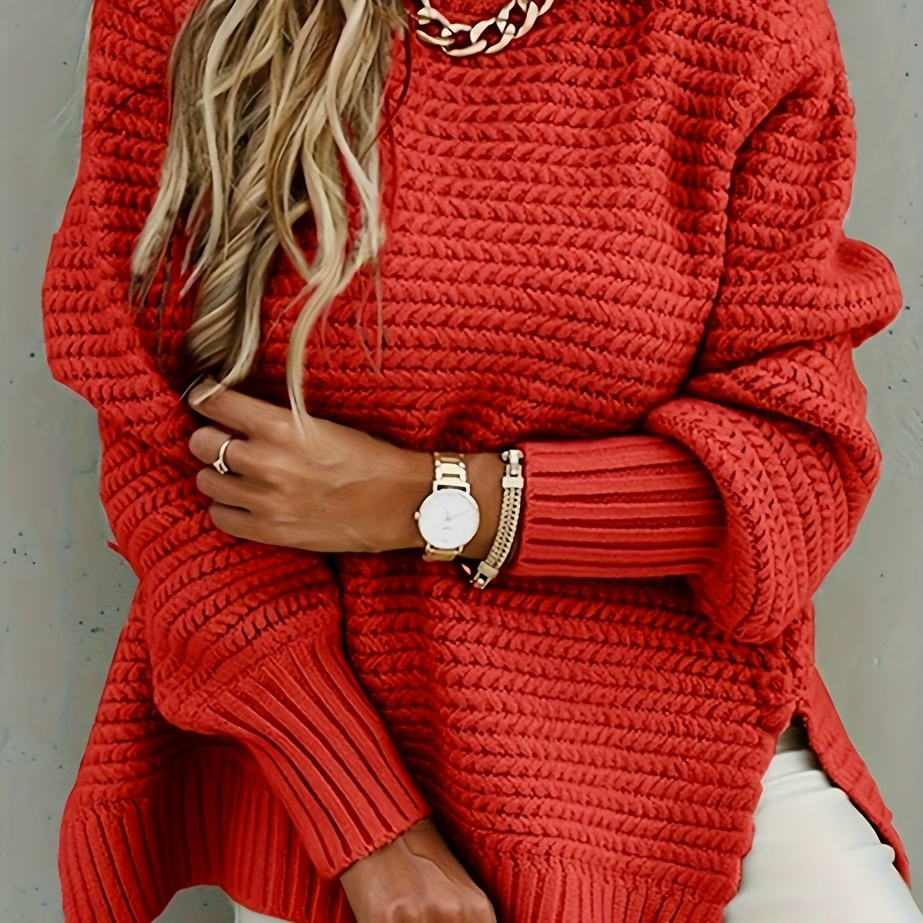 Chunky Knit Mock Neck Sweater – Oversized High-Low Pullover
