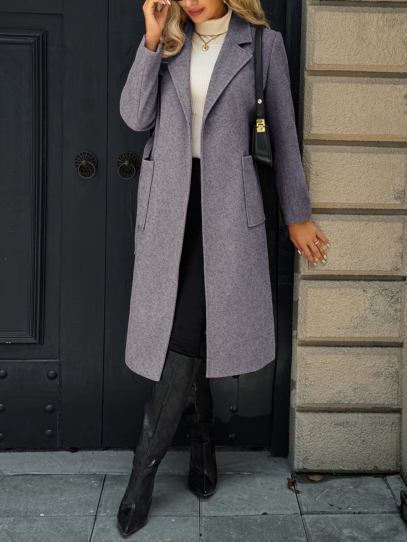 Belted Wool-Blend Long Coat – Lapel Wrap Camel Overcoat