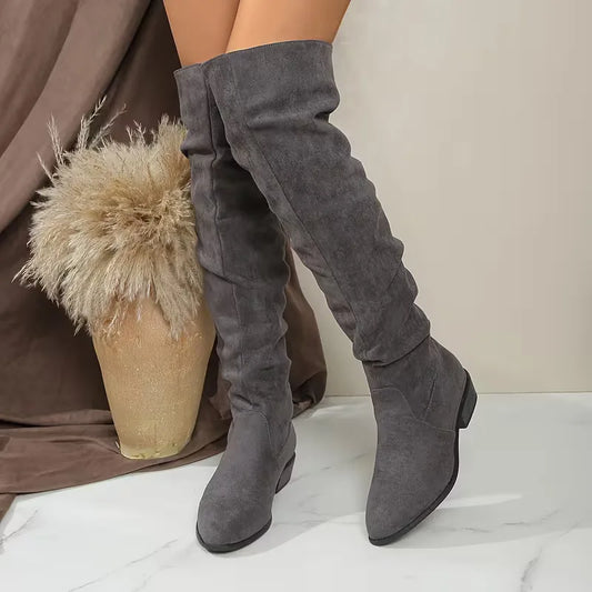 Faux Suede Over-the-Knee Slouch Boots – Block Heel Slip-On