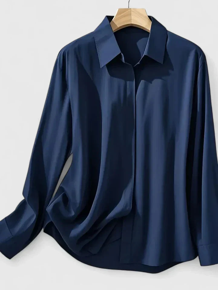 Satin Button-Down Blouse – Long Sleeve Hidden Placket Work Top