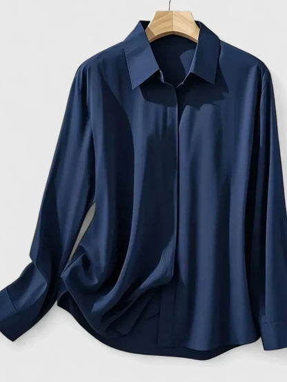 Satin Button-Down Blouse – Long Sleeve Hidden Placket Work Top
