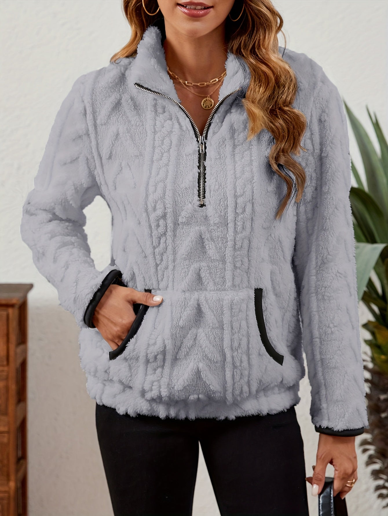 Sherpa Fleece Half-Zip Pullover – Textured Long Sleeve with Kangaroo Pocket