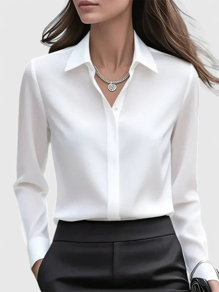 Satin Button-Down Blouse – Long Sleeve Hidden Placket Work Top