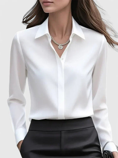 Satin Button-Down Blouse – Long Sleeve Hidden Placket Work Top