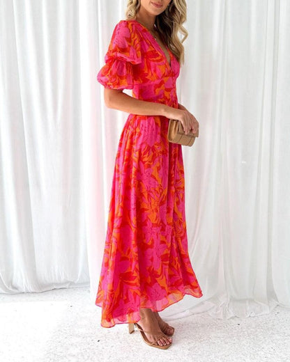 Floral Puff Sleeve Maxi Dress – V-Neck Button-Front Summer Dress