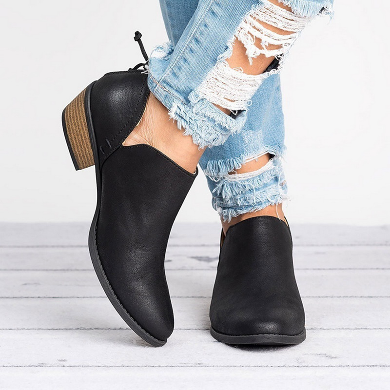 Slip-On Block Heel Ankle Boots – V-Cut Booties Retro Style
