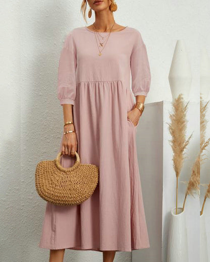 Smocked Waist Midi Dress – Puff Sleeve Round Neck A-Line