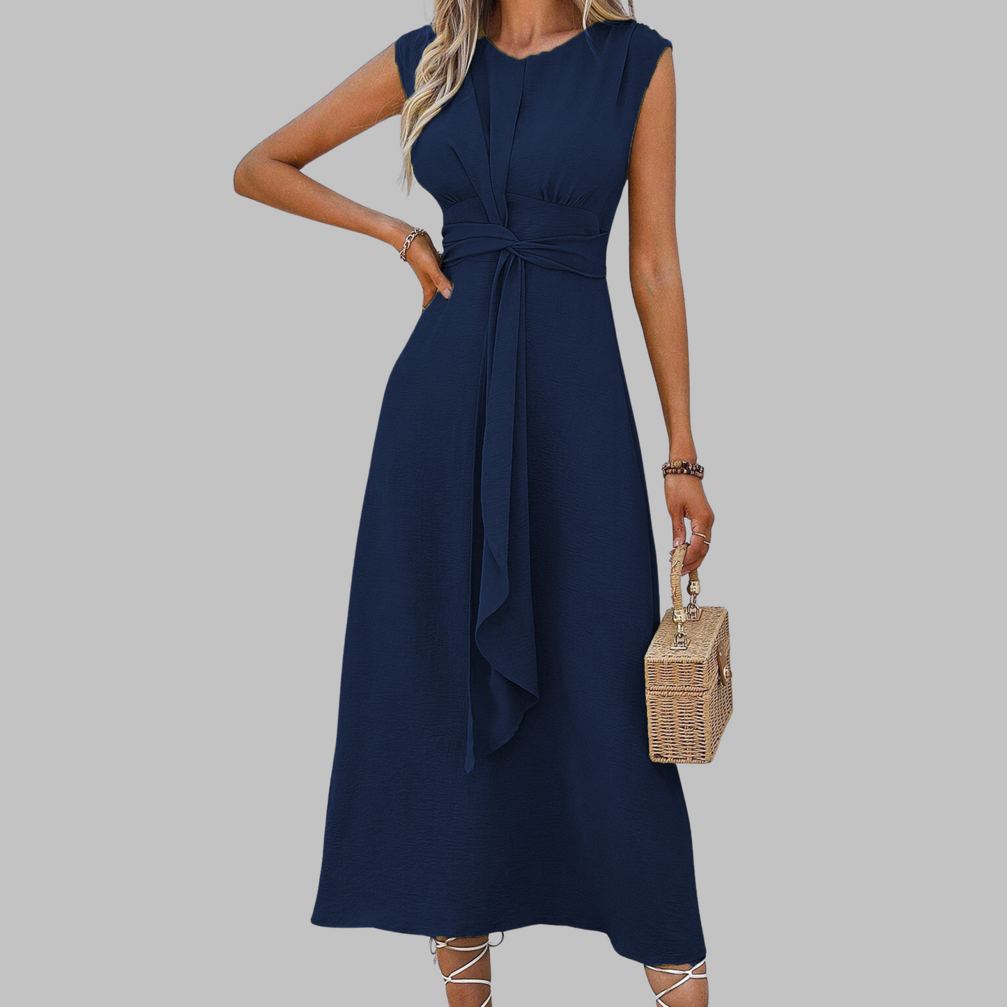 Sleeveless Tie Waist Maxi Dress – A-Line Round Neck Dress