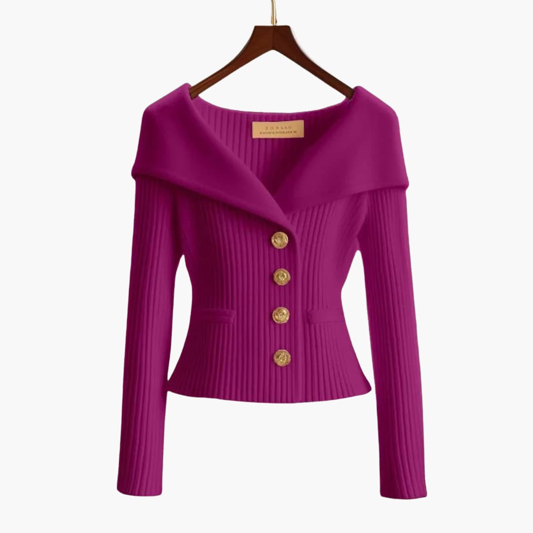 Off-Shoulder Ribbed Knit Cardigan – Button-Front Cropped Top