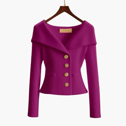 Off-Shoulder Ribbed Knit Cardigan – Button-Front Cropped Top