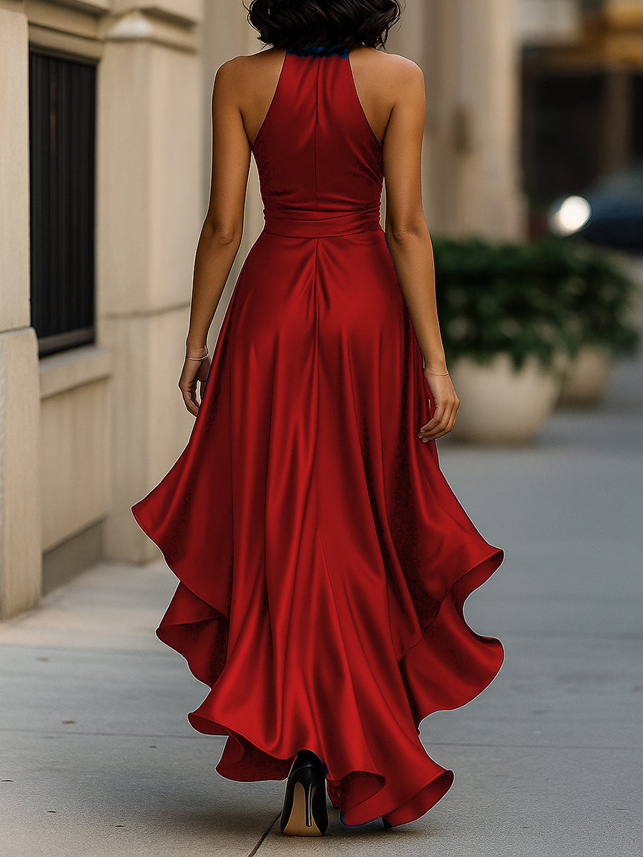Women's Satin Halter Dress – High Low Ruffle Skirt Formal Evening Dress