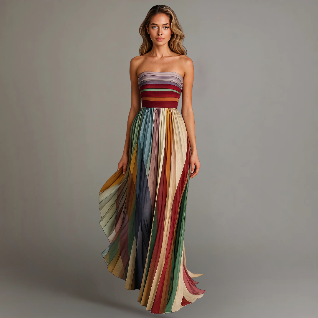 Strapless Pleated Maxi Dress – Multicolor Striped Flowy Summer Dress