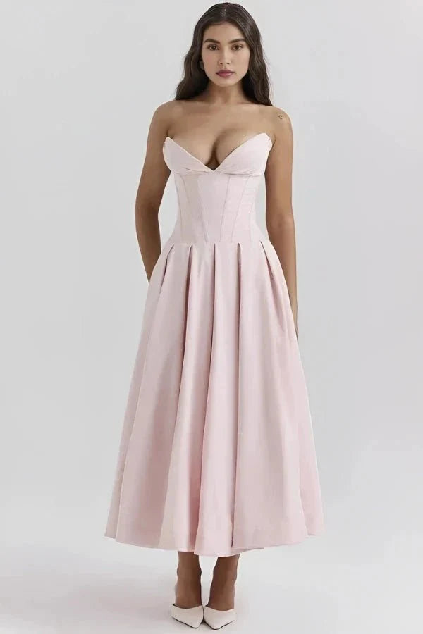 Women's Strapless Corset Midi Dress – Sweetheart Neckline A-Line Party Dress