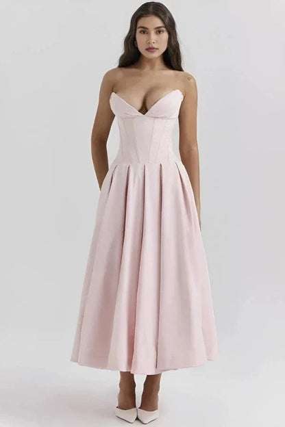 Women's Strapless Corset Midi Dress – Sweetheart Neckline A-Line Party Dress