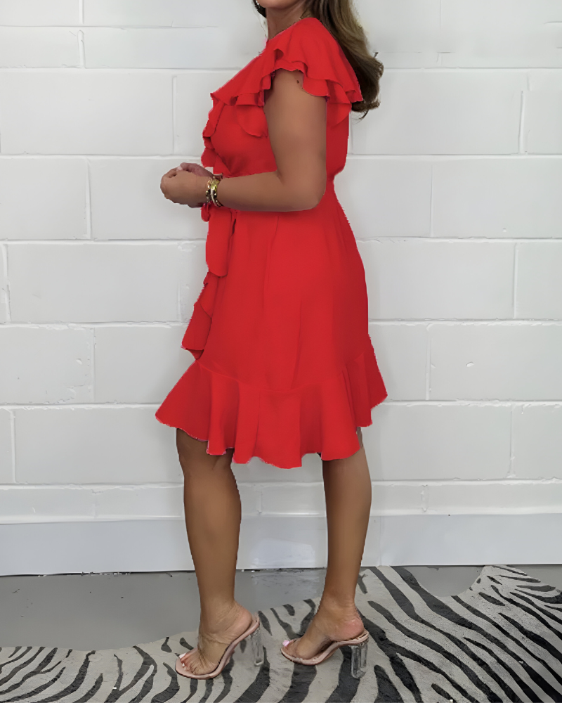 Ruffle Wrap Mini Dress – V-Neck Belted Summer Dress