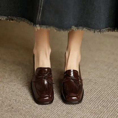 Patent Leather Tassel Loafer Pumps – Block Heel Round Toe