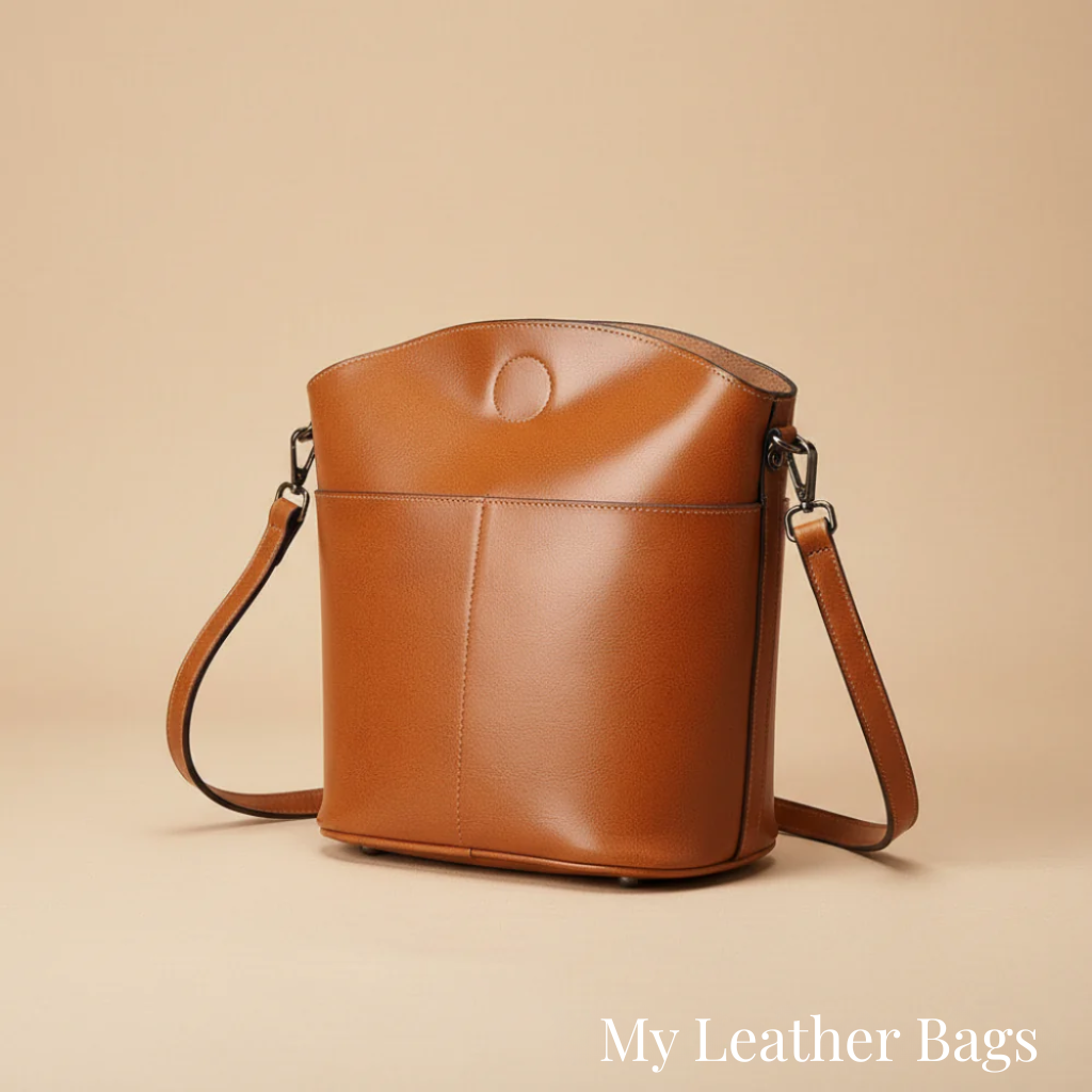 Leather Bucket Crossbody Bag – Structured Flap Shoulder Bag