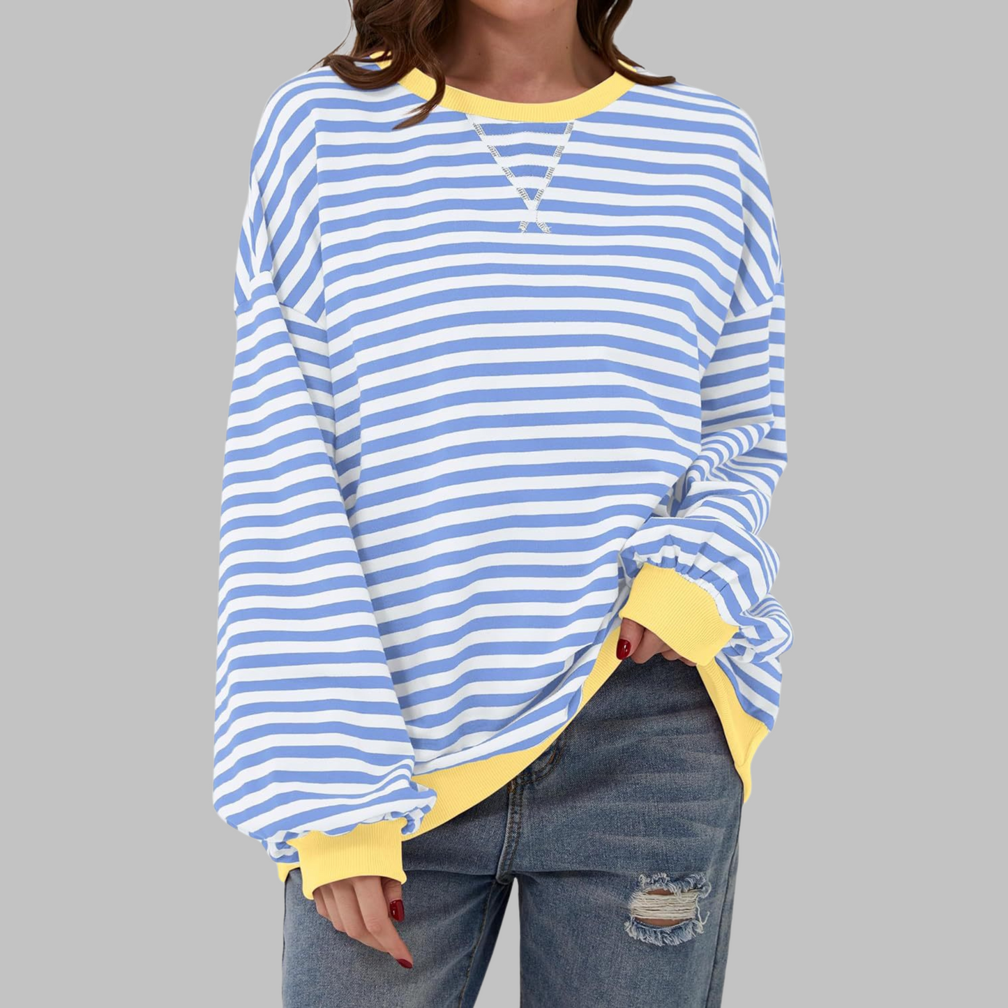 Striped Oversized Crewneck Sweatshirt – Colorblock Cuffs Relaxed Pullover