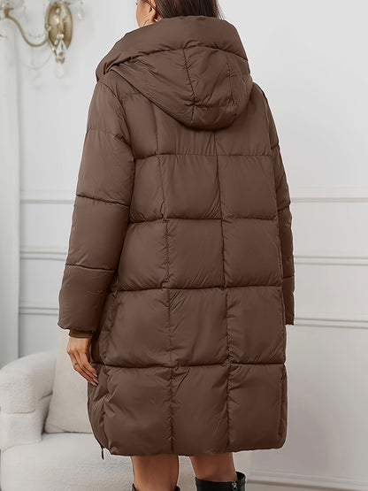 Quilted Longline Puffer Coat – Hooded Zip-Up Winter Coat