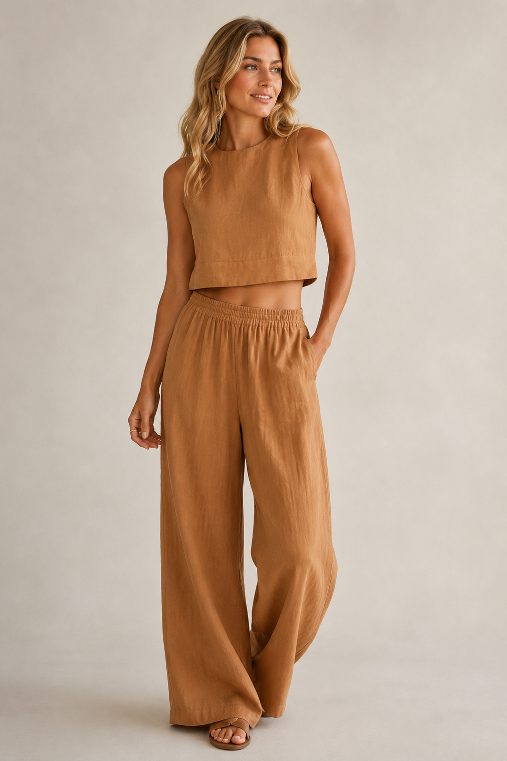 Linen Two Piece Set – Sleeveless Crop Top Wide Leg Pants