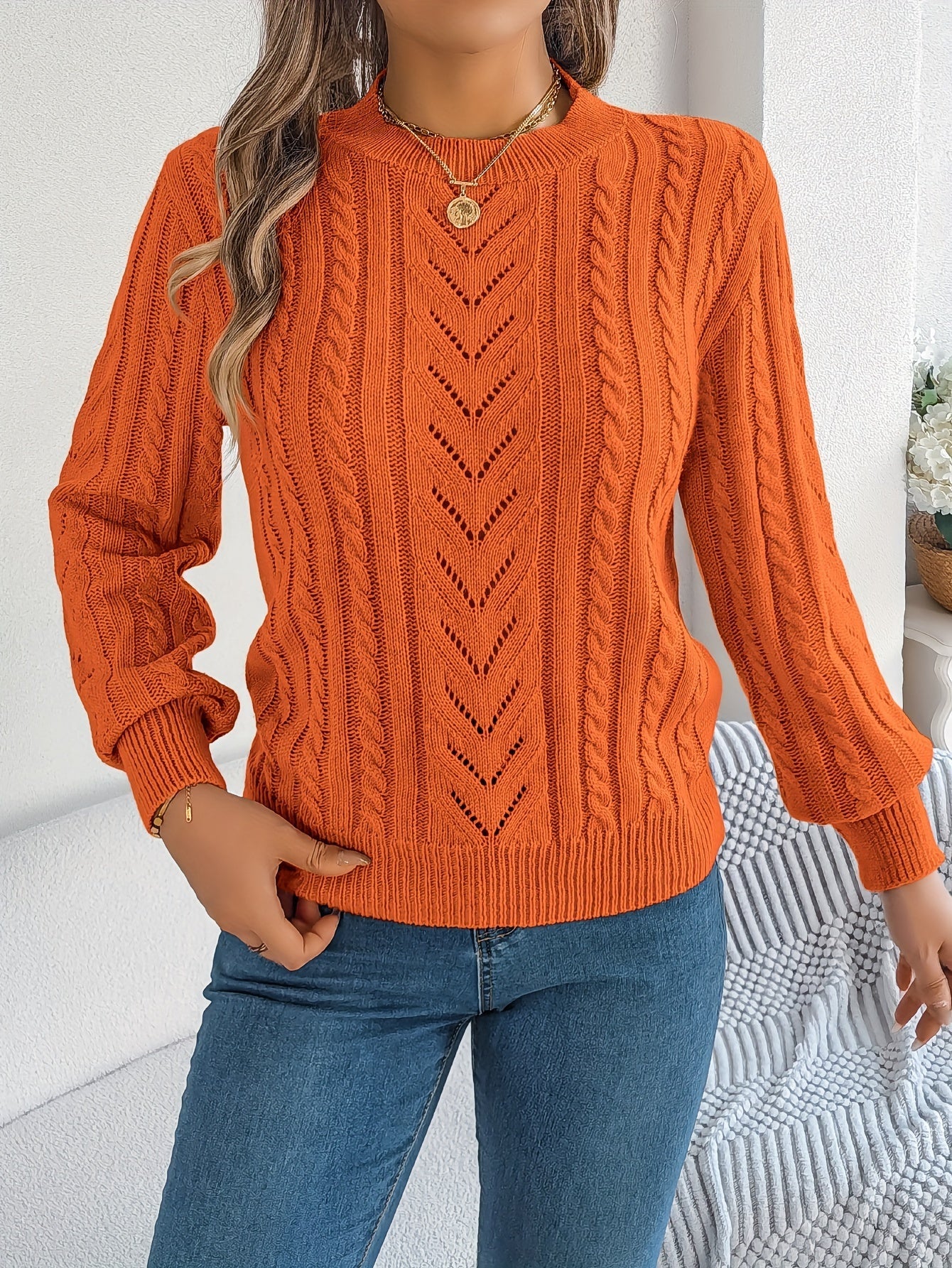 Cable Knit Openwork Pullover Sweater – Crewneck Long Sleeve Relaxed Fit