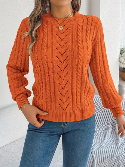 Cable Knit Openwork Pullover Sweater – Crewneck Long Sleeve Relaxed Fit