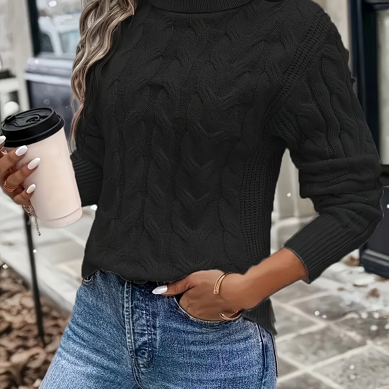 Cable Knit Turtleneck Sweater – Women's Long Sleeve Pullover