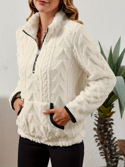 Sherpa Fleece Half-Zip Pullover – Textured Long Sleeve with Kangaroo Pocket
